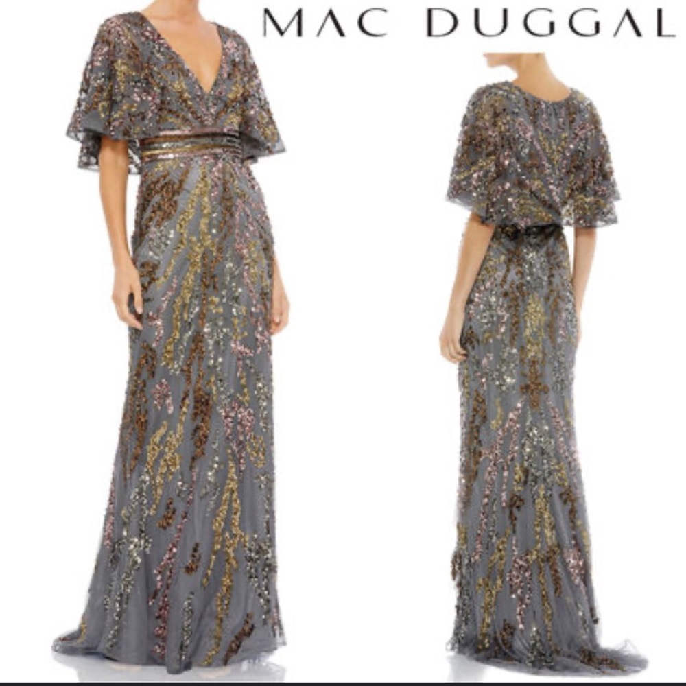 Mac Duggal | Maxi A-Line Flared V-Neck Long Short Sleeves With Jewels Sz 6